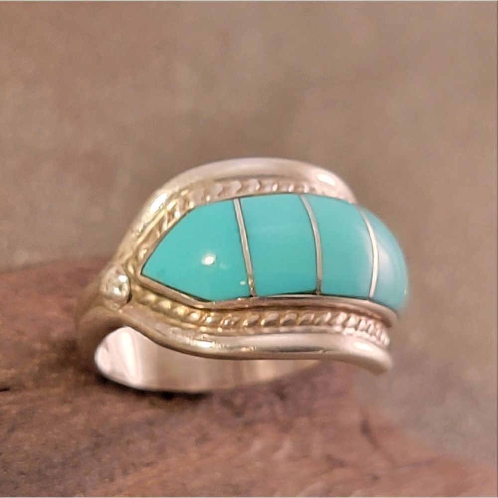 Albert Francisco Sterling Navajo Blue Turquoise Cable Bezel Set Channel Ring - Picture 2 of 9